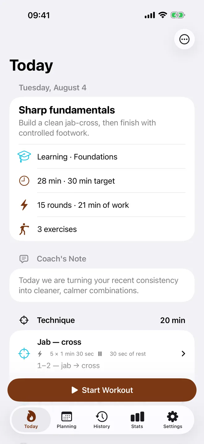 Kamae’s Today screen: the title of the day’s workout, its numbers, and the coach’s note.